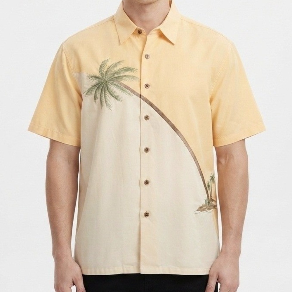 Bamboo Cay Button Down Shirt Mens Large Peach Embroidered Palm Tree Tropical